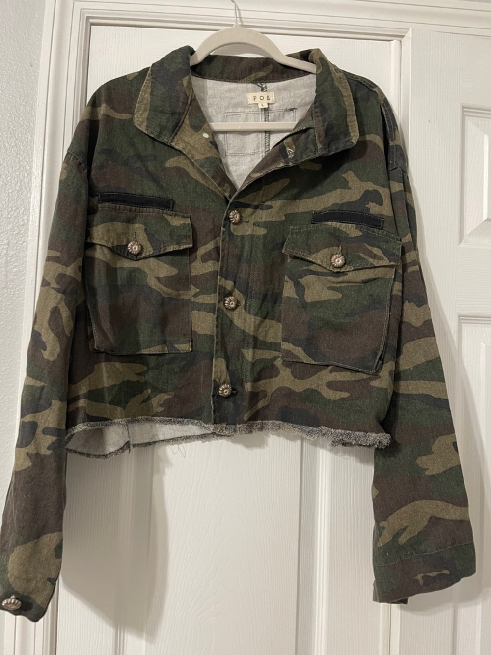 POL Cropped Camo Jacket in Green and Brown
